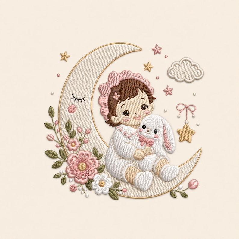 May include: An embroidery design featuring a child wearing a pink bonnet and white outfit, sitting on a crescent moon. The moon is decorated with pink and white flowers, green leaves, and small stars. The child holds a white plush rabbit toy.