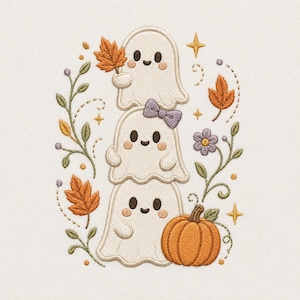 May include: An embroidery design featuring a vertical stack of three white ghosts with pink cheeks. The top ghost holds an orange maple leaf. The middle ghost wears a purple bow. An orange pumpkin, purple flower, and green vines surround the ghosts.