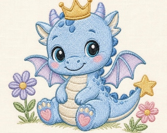 Blue Dragon Prince Machine Embroidery File, Crowned Fantasy Creature, Flowers, Stars (Digital Download)