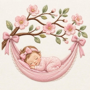 May include: An embroidery design featuring a sleeping baby wearing a pink headband, resting in a pink hammock suspended from a brown branch with pink cherry blossoms and green leaves. The hammock is decorated with pink bows on each side.
