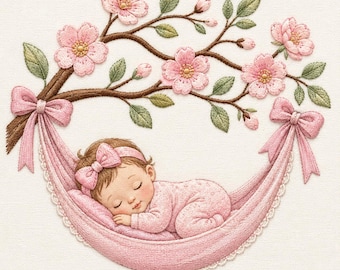 Sleeping Baby Girl Embroidery File, Pink Hammock, Blossom Nursery Design (Digital Download)