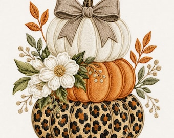 Leopard Pumpkin Stack Embroidery File, Floral Fall Autumn Design (Digital Download)