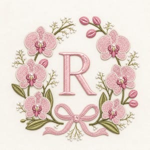 May include: An embroidery design featuring the letter R in the center, surrounded by a circular wreath of pink orchids, small white flower sprigs, green leaves, and a pink ribbon bow at the bottom, all rendered in detailed thread stitching.