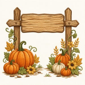 May include: An embroidered design featuring a wooden signpost with a blank rectangular board. The base is decorated with orange and white pumpkins, yellow sunflowers, green leaves, and curling vines, all rendered in detailed thread work.