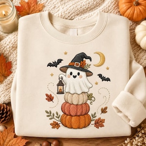 Witch Ghost Pumpkin Stack Halloween Machine Embroidery File, Autumn Digital Download image 2