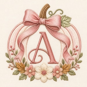 May include: An embroidery design featuring a pale pink pumpkin with a large matching bow at the top. The letter A is centered in the middle of the pumpkin. The base is decorated with embroidered flowers, green leaves, and small berries.