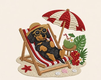 Beach Dachshund Embroidery Design, Summer Dog Machine Embroidery (Digital Download)