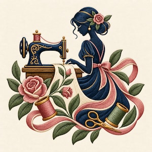 Può includere: Un'illustrazione ricamata che mostra la sagoma blu scuro di una persona che utilizza una macchina da cucire vintage. Il design include rose rosa, foglie verdi, un rocchetto di filo rosa, un rocchetto di filo verde e forbici dorate.