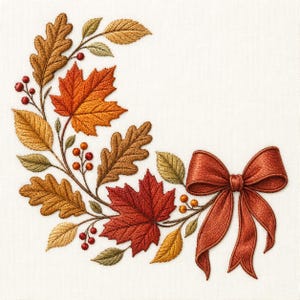 Fall Leaves Bow Corner Embroidery Design, Autumn Leaf Machine Embroidery File, Harvest Digital Download