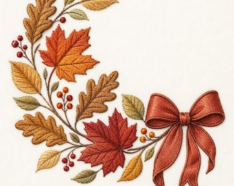 Fall Leaves Bow Corner Embroidery Design, Autumn Leaf Machine Embroidery File, Harvest Digital Download