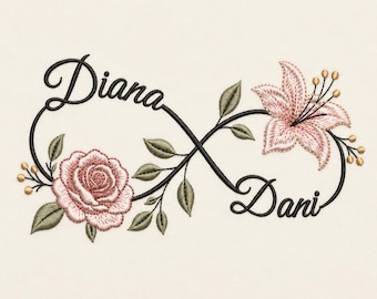 Infinity Floral Embroidery Design, Custom Couple Names, Rose Lily Pattern (Digital File)