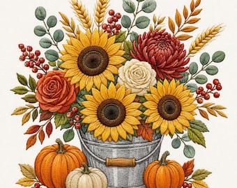 Fall Flower Bucket Pumpkins Machine Embroidery File, Sunflower Rose Autumn Garden Floral Design