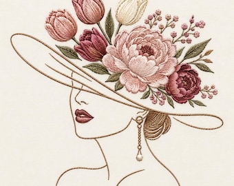 Elegant Woman Peony Hat Embroidery Design, Vintage Floral Machine File (Digital Download)