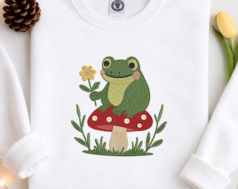 Lindo diseño de bordado de rana / Rana sobre hongo / Bordado de animales del bosque / Arte de rana caprichoso / Archivo de bordado a máquina