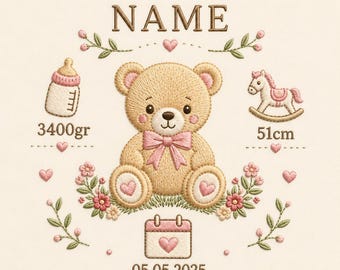 Teddy Bear Birth Stats Embroidery Design, Personalized Baby Name Machine Embroidery File (5 Sizes)