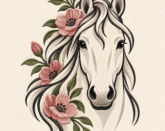 White Horse Floral Machine Embroidery File, Pink Flower Botanical Equestrian Horse Portrait Embroidery Design