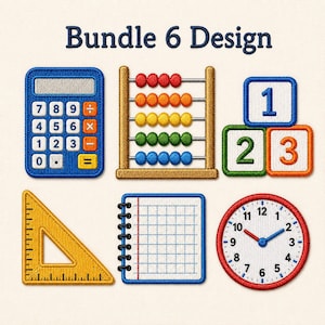 Puede incluir: Un conjunto de diseños de bordado titulado Bundle 6 Design que incluye una calculadora azul, un ábaco de madera con cuentas de colores, tres bloques numerados, una regla triangular amarilla, un cuaderno de cuadrícula con espiral y un reloj redondo con borde rojo.