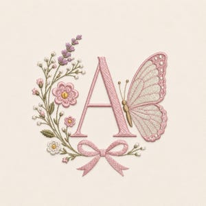May include: An embroidery design featuring the letter A in pink, surrounded by a floral arrangement of lavender, small pink and white flowers, a pink butterfly with textured wings, and a pink ribbon bow tied at the bottom of the letter.