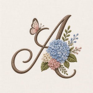 May include: Embroidered letter "A" in a brown script font, adorned with a light blue hydrangea, pink and cream flowers, green leaves, and a pink butterfly. The design is on a cream-colored fabric.