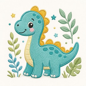 May include: An embroidered design featuring a teal dinosaur with yellow dorsal plates, a cream-colored belly, and pink cheeks. The dinosaur is surrounded by green leafy branches, small blue and yellow stars, and scattered dots on a white background.