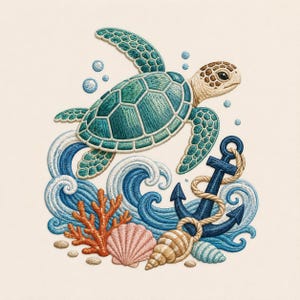May include: An embroidery design featuring a sea turtle swimming above blue ocean waves, a dark blue anchor wrapped in rope, a bright orange coral branch, and two seashells. The turtle has a teal shell and light tan head with dark spots.