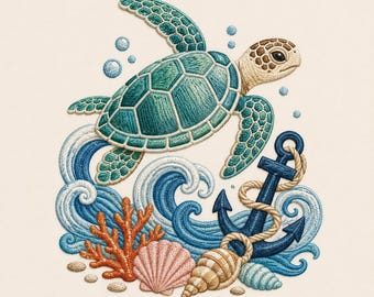 Sea Turtle Embroidery Design, Ocean Waves, Anchor, Shells (Digital File)