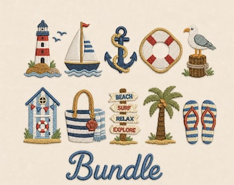 Nautical Embroidery Design Bundle, Beach Summer Machine Embroidery File (Digital Download)