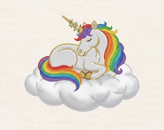 Rainbow Unicorn Embroidery Design, Sleeping on Cloud (Digital File)