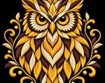May include: A stylised owl illustration composed of layered, textured leaf shapes in shades of golden yellow, cream, and dark brown. The owl features large, round, dark eyes and is framed by symmetrical, swirling golden vine patterns on a black background.