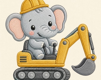 Elephant Excavator Machine Embroidery File, Cute Construction Baby Animal Design, Kids Embroidery