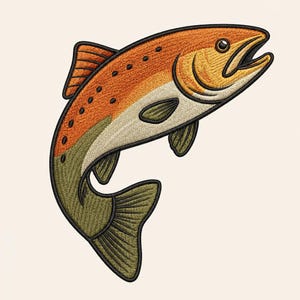 May include: An embroidered patch featuring a leaping fish with a vibrant orange upper body, a cream-colored midsection, and an olive green tail and lower body. The design includes dark spots along the back, a black outline, and detailed stitching.