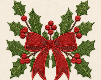 May include: An embroidered design featuring a vibrant red bow centered among green holly leaves and clusters of small red berries. The stitching creates a textured appearance with detailed shading on the leaves and the fabric of the bow.