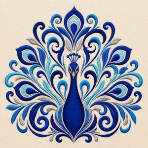 May include: An intricate machine embroidery design of a peacock with its tail feathers fanned out. The pattern features shades of royal blue, light blue, and silver thread, creating symmetrical swirling motifs and stylized eye-shaped plumes.
