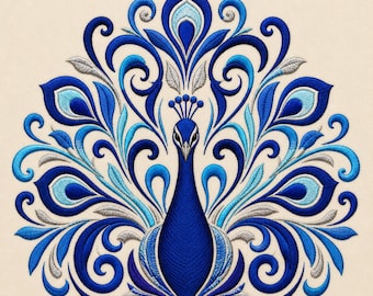 Royal Blue Peacock Embroidery File, Symmetrical Feather Scrollwork (Digital Download)