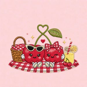 Motif de broderie cerise couple pique-nique, broderie Machine de fruits kawaii (téléchargement numérique)