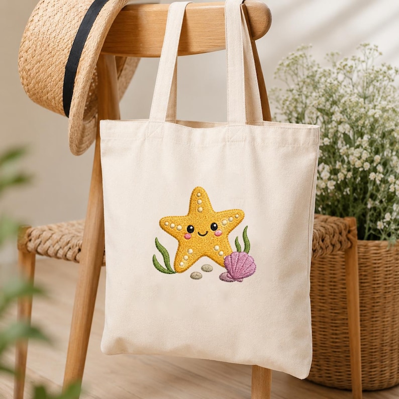 May include: Cream-colored tote bag featuring an embroidered yellow starfish with a smiling face, green seaweed, a pink seashell, and small gray stones. The bag has two beige handles and is hanging on a wooden chair. A straw hat is on the chair.