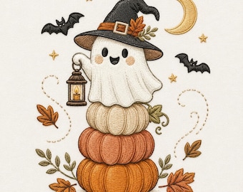 Witch Ghost Pumpkin Stack Halloween Machine Embroidery File, Autumn Digital Download