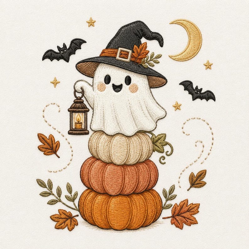 May include: An embroidery design featuring a white ghost wearing a black witch hat, holding a lantern, and sitting atop a stack of three pumpkins. The scene includes two black bats, a golden crescent moon, stars, and scattered autumn leaves.