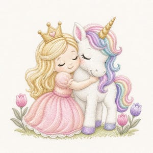 May include: An embroidered illustration of a blonde person wearing a gold crown and a pink dress, hugging a white unicorn with a gold horn and a rainbow-colored mane and tail. The scene includes pink and purple tulips on a green grassy base.