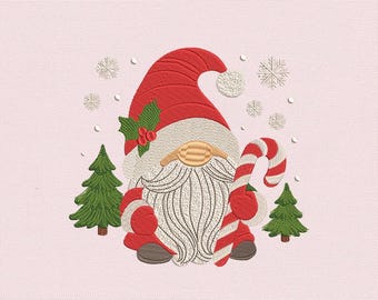 Diseño de bordado de gnomo navideño, archivo de bordado a máquina de gnomo de Papá Noel, gnomo de bastón de caramelo, bordado navideño para camisas, toallas y regalos