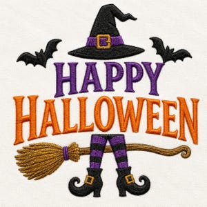 May include: An embroidered design featuring a black witch hat with a purple band and gold buckle, two black bats, and the text "HAPPY HALLOWEEN" in purple and orange. Below, a brown broomstick sits behind two legs in purple and black striped stockings.