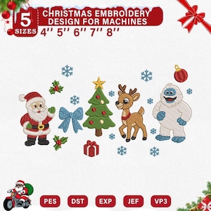 May include: Christmas embroidery design for machines, featuring Santa Claus, a Christmas tree, a reindeer, and a snowman. The design includes snowflakes, a bow, and a gift. Available in 5 sizes: 4", 5", 6", 7", and 8".