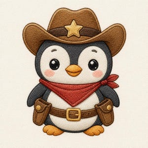 Könnte beinhalten: Ein gestickter Aufnäher eines Pinguins, der einen braunen Cowboyhut mit einem gelben Stern, ein rotes Halstuch und einen braunen Gürtel mit zwei Holstern trägt. Der Pinguin hat ein schwarz-weißes Gefieder sowie orangefarbene Füße und einen Schnabel.
