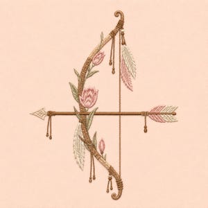 May include: An embroidery design featuring a brown bow and arrow decorated with pink tulips, green leaves, and hanging feathers. The bow is wrapped in textured thread, and the arrow includes a pointed tip and fletched end with pink and white details.