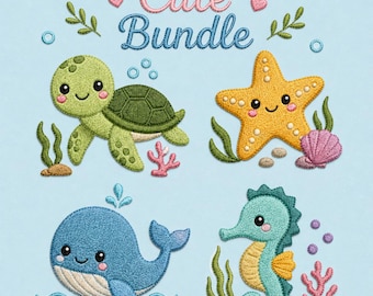 Ocean Animals Embroidery Bundle, Kawaii Sea Creatures, Satin Stitch Designs (Digital Files)
