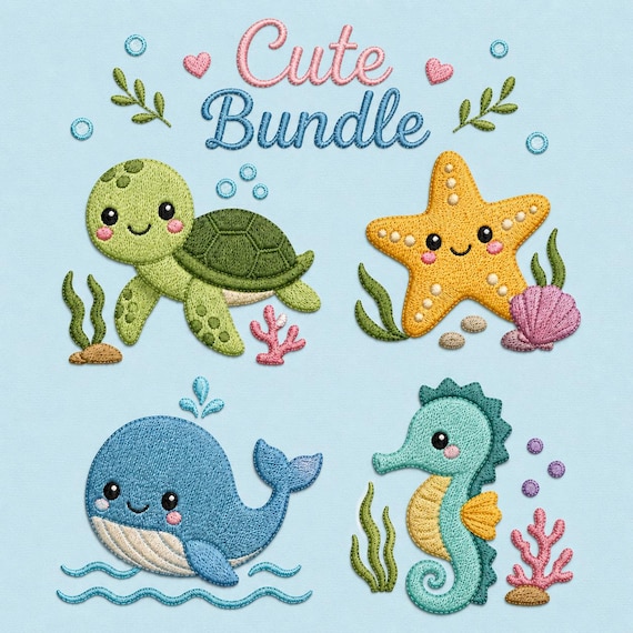 Ocean Animals Embroidery Bundle, Kawaii Sea Creatures, Satin Stitch Designs (Digital Files)