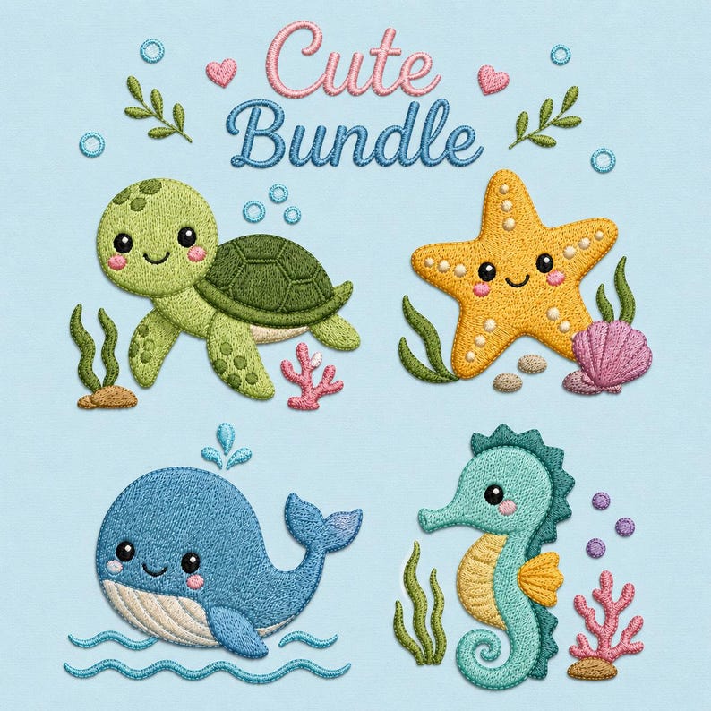 May include: A collection of embroidered sea creatures, including a green turtle, yellow starfish, blue whale, and teal seahorse. The phrase "Cute Bundle" is embroidered in pink and blue. The background is light blue.