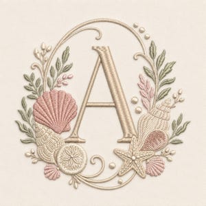 Broderidesign med snäckskalsmonogram, maskinfil för kustinitialer (5 storlekar)