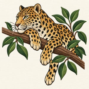 May include: An embroidered patch featuring a golden leopard with black spots resting on a brown tree branch. The leopard has green eyes and long white whiskers. The branch is surrounded by several green leaves with detailed stitching.