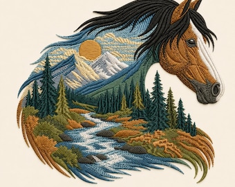 Horse Landscape Embroidery Design, Mountain River Machine Embroidery File, Western Nature Digital Download